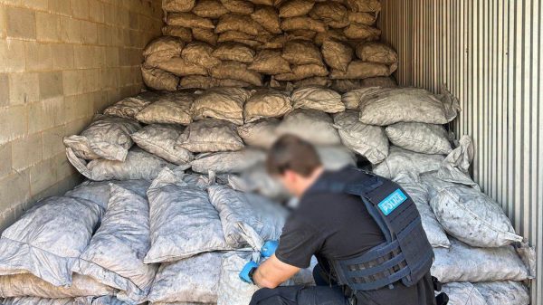 Law enforcement officer inspecting seized narcotics linked to international drug trafficking routes involving Ghana.