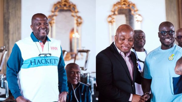 Ibrahim Mahama and Samuel Okudzeto Ablakwa address the Black Stars during a visit to Ghana's World Cup training camp ahead of the Croatia match