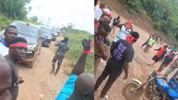 Youth in Jomoro Nungua blocking government convoy during protest against mining launch chanting No galamsey
