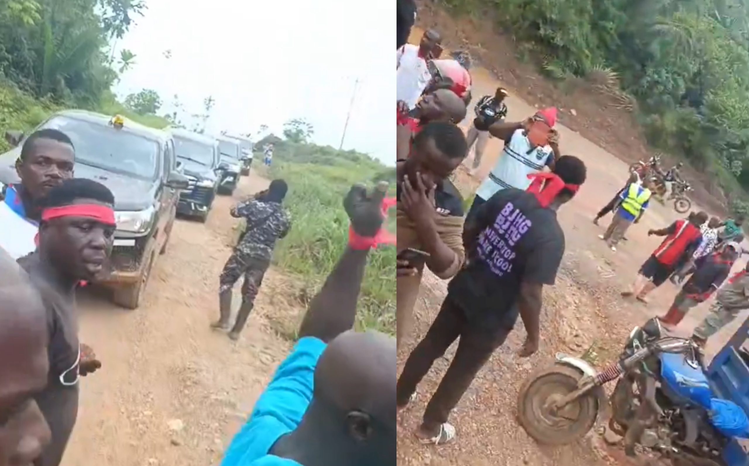 Youth in Jomoro Nungua blocking government convoy during protest against mining launch chanting No galamsey