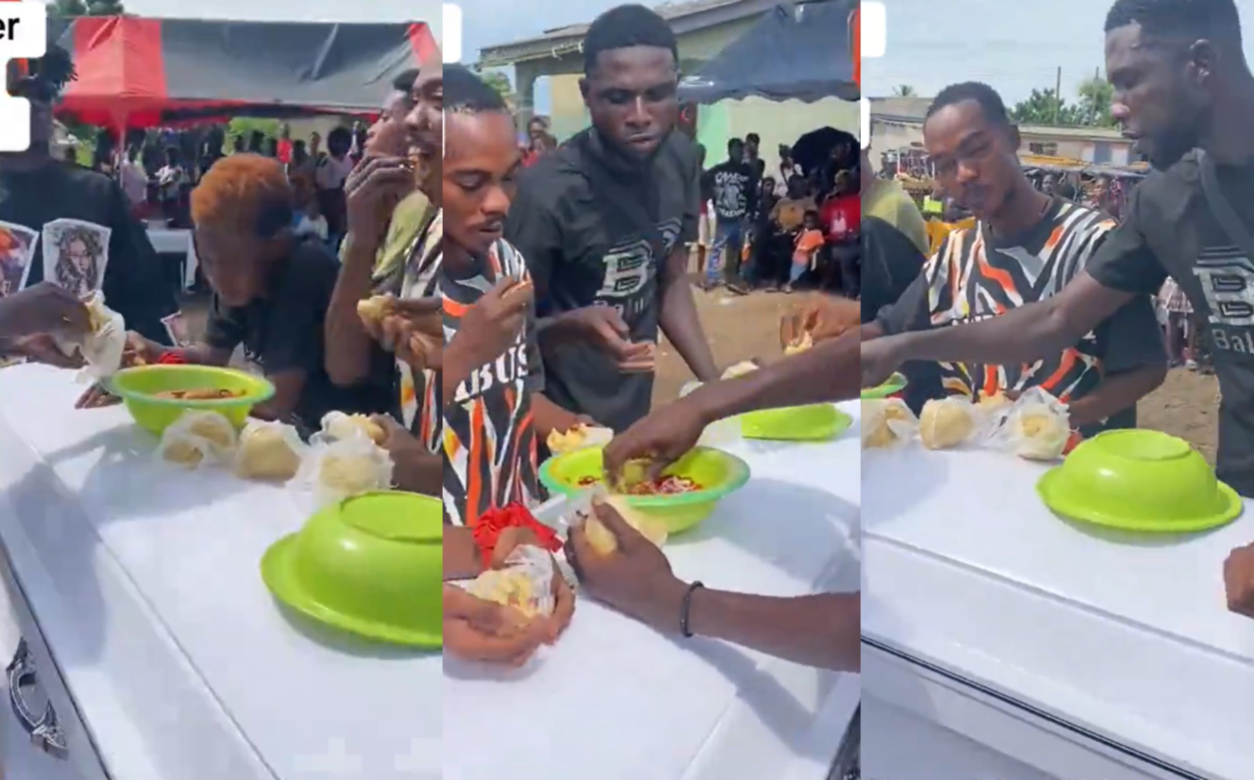 Friends eating banku and okro soup placed on a coffin during a funeral ceremony in Apam, Ghana