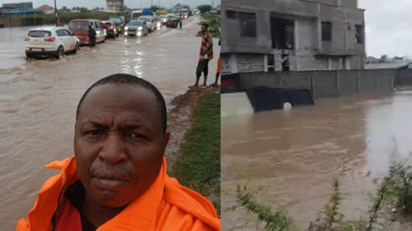 Floodwaters covering a major road in Accra as vehicles move cautiously following heavy rains on June 29, 2026.