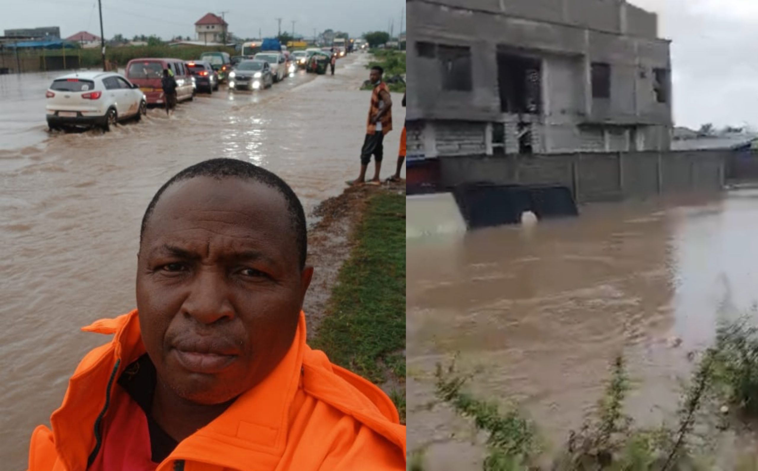 Floodwaters covering a major road in Accra as vehicles move cautiously following heavy rains on June 29, 2026.