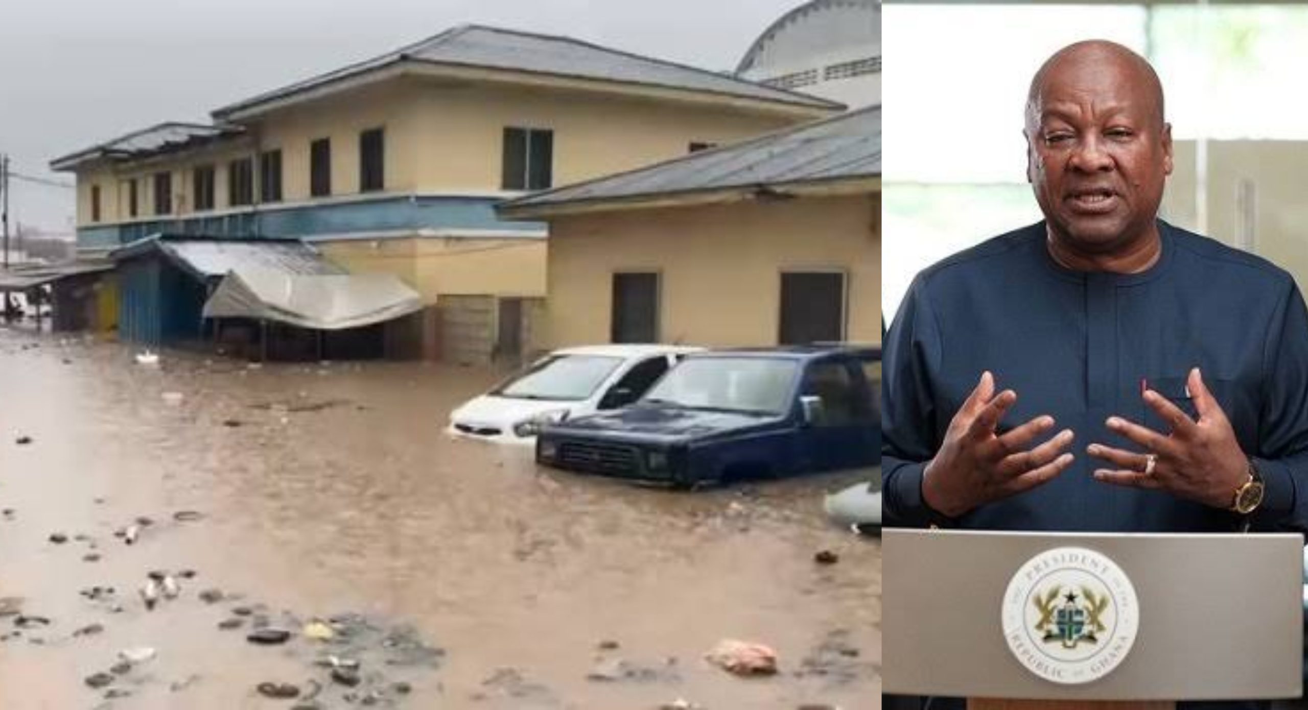 Flooded streets in Accra with submerged vehicles