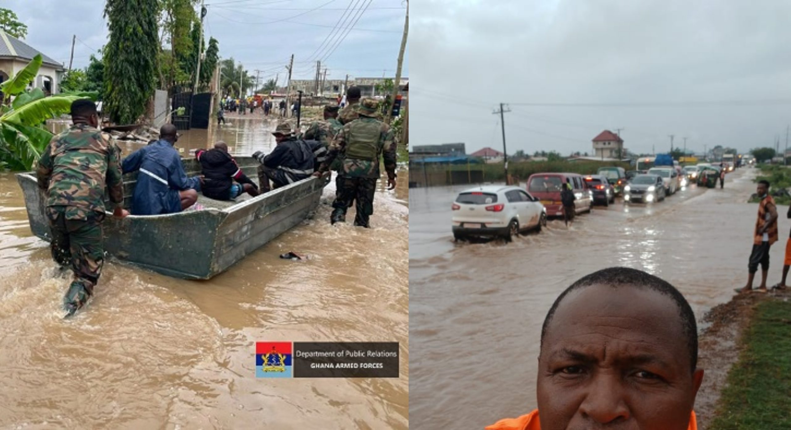 Flooded streets in Accra with residents navigating deep water as vehicles struggle through heavy rainfall across multiple neighbourhoods