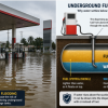 Illustration of an underground fuel storage tank showing water settled beneath petrol after flooding.