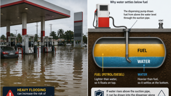 Illustration of an underground fuel storage tank showing water settled beneath petrol after flooding.