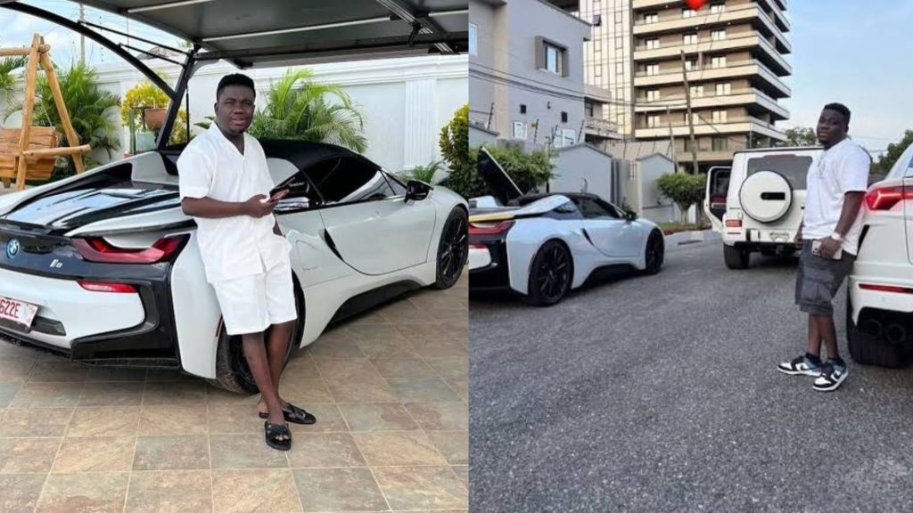 Abu Trica with luxury vehicles allegedly seized by US authorities during an investigation into an alleged $8m romance scam.