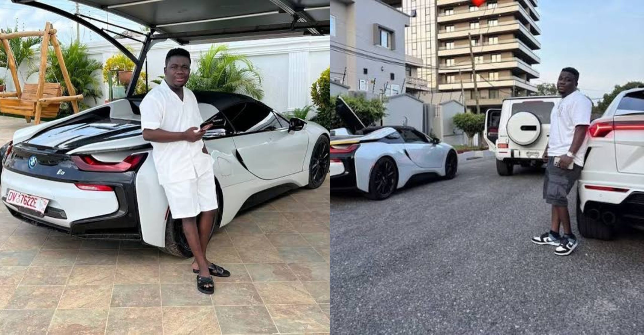 Abu Trica with luxury vehicles allegedly seized by US authorities during an investigation into an alleged $8m romance scam.