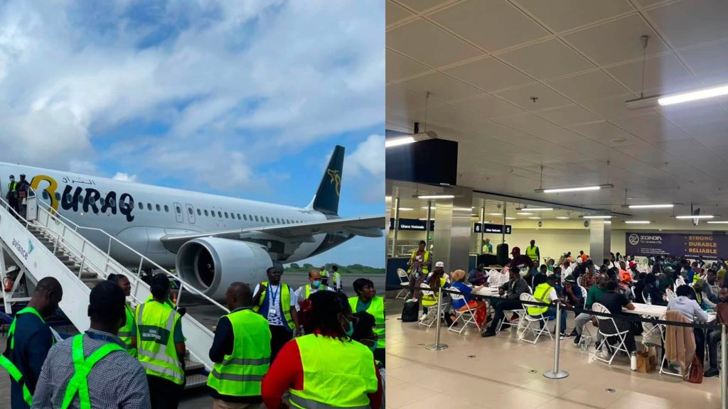 Officials receive 144 Ghanaian migrants at Accra International Airport after their voluntary return from Libya under the IOM programme.