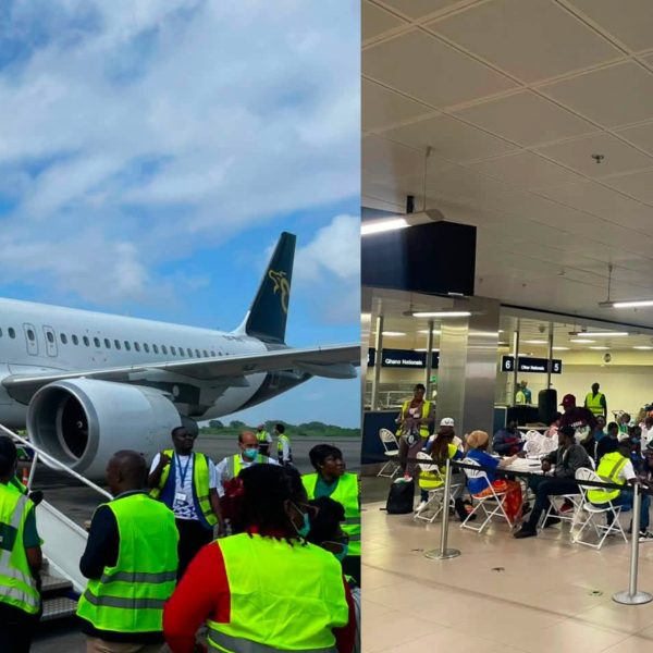 Officials receive 144 Ghanaian migrants at Accra International Airport after their voluntary return from Libya under the IOM programme.