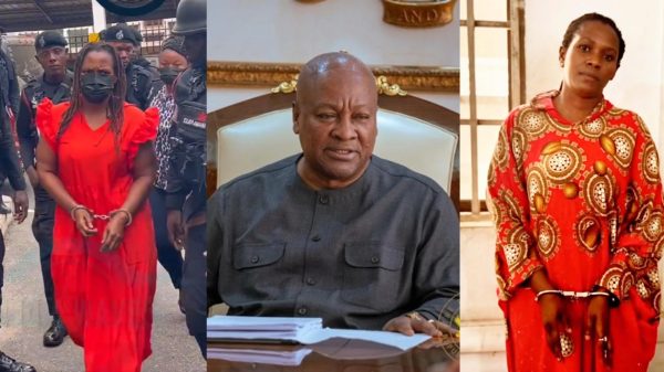 Convicted Camilla Alhassan in handcuffs (right and left), President John Dramani Mahama (middle)