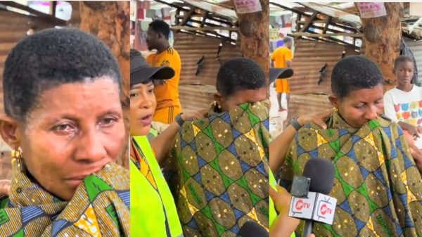 Elderly woman identified as Gbeda crying after losing family members during the deadly Accra floods.