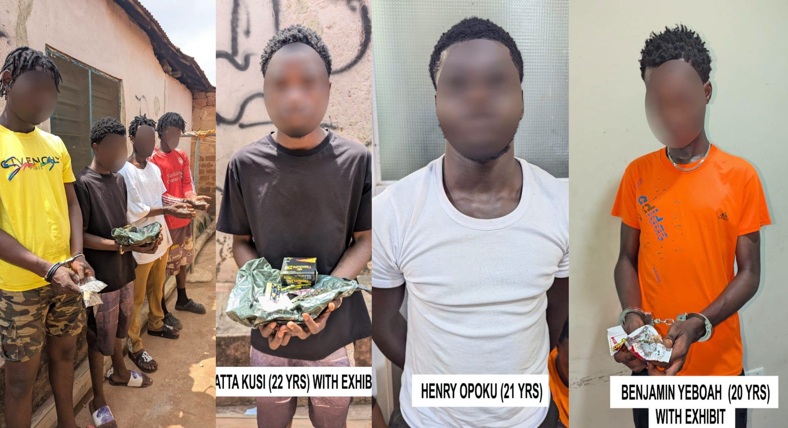 Police officers display suspected narcotics, cannabis-infused products and tramadol seized during an anti-drug operation in Kumasi.