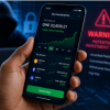 A person using a smartphone displaying an investment app while cyber security warning graphics appear in the background (Illustrative)