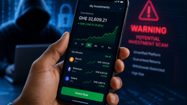 A person using a smartphone displaying an investment app while cyber security warning graphics appear in the background (Illustrative)