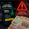 A person looking at an online investment advert on a smartphone while warning symbols highlight the risk of fraud alongside Ghana cedi notes.