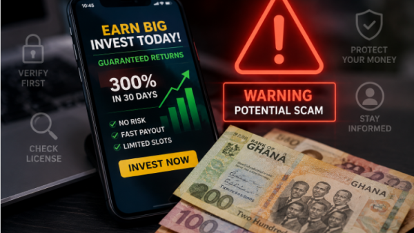 A person looking at an online investment advert on a smartphone while warning symbols highlight the risk of fraud alongside Ghana cedi notes.