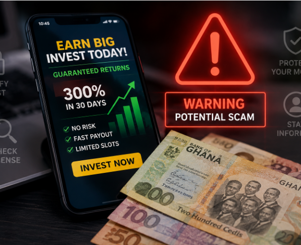 A person looking at an online investment advert on a smartphone while warning symbols highlight the risk of fraud alongside Ghana cedi notes.