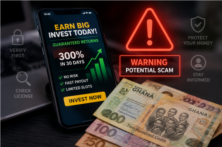 A person looking at an online investment advert on a smartphone while warning symbols highlight the risk of fraud alongside Ghana cedi notes.