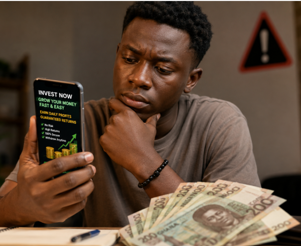 A Ghanaian looking at a smartphone displaying a suspicious investment advert while holding Ghana cedi notes, illustrating the dangers of get rich quick scams