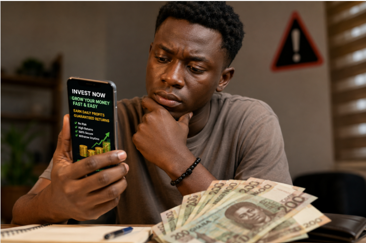 A Ghanaian looking at a smartphone displaying a suspicious investment advert while holding Ghana cedi notes, illustrating the dangers of get rich quick scams