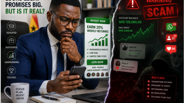 Illustrative photo of a Ghanaian professional studying an investment offer on a smartphone while evaluating whether it could be a scam.