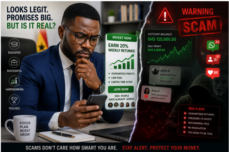 Illustrative photo of a Ghanaian professional studying an investment offer on a smartphone while evaluating whether it could be a scam.