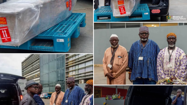 Officials and relatives receive the body of Bashiru Isak at Kotoka International Airport after it was repatriated from South Africa.
