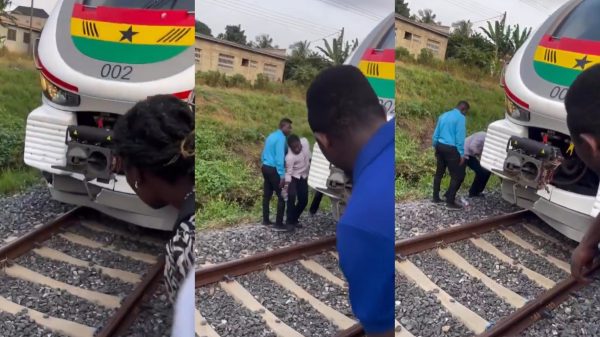 Damaged GRDA DMU 002 train after goat collision at Ashaiman Station in Ghana