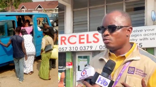 GSA Greater Accra Regional Manager Clement Kwolaga Kubati speaking about the introduction of certified weighing scales for luggage charges at a transport terminal.