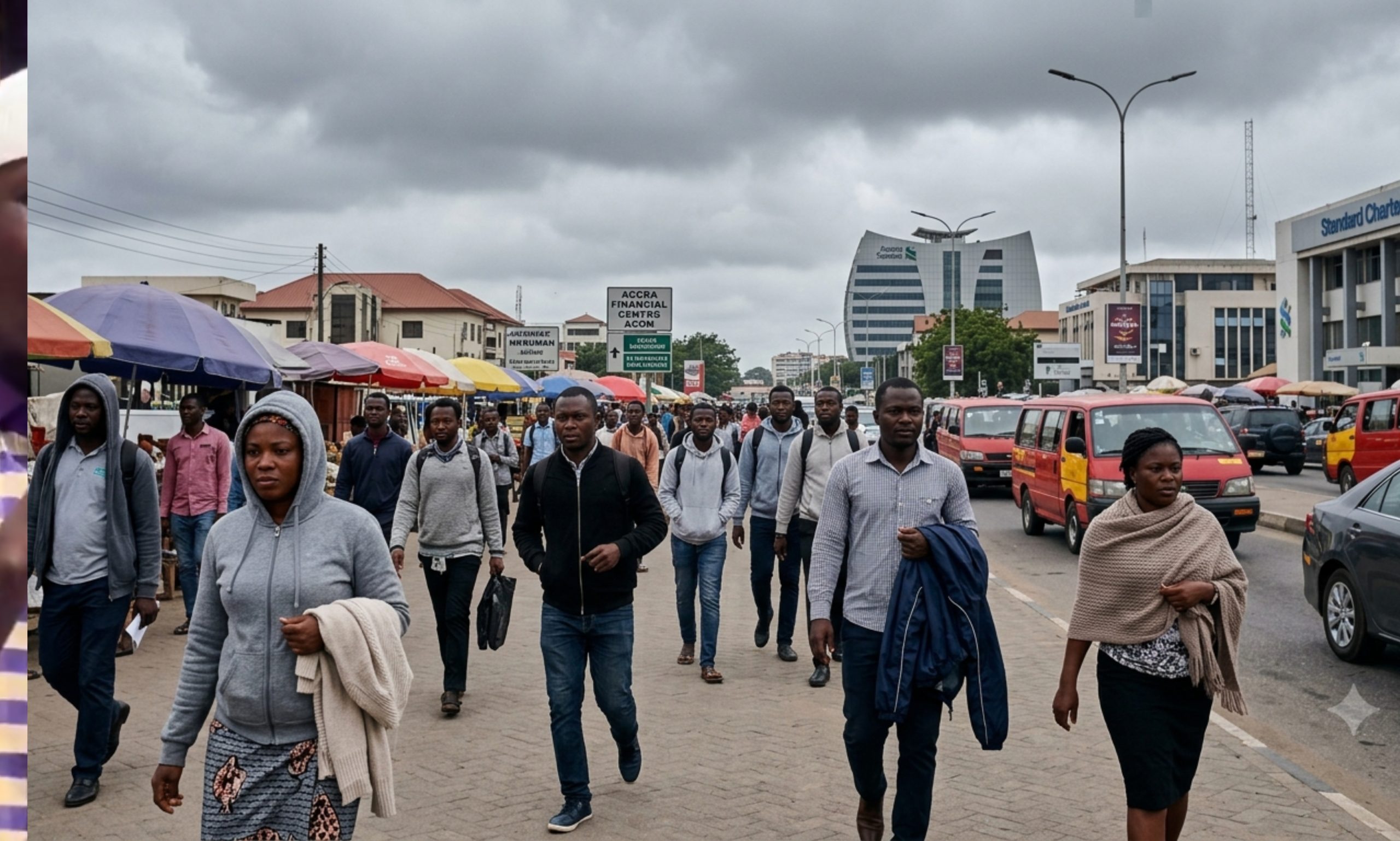 Illustrative photo of commuters dressed in hoodies and light jackets walking through Accra's central business district under heavy grey clouds during Ghana's unusually cool weather.